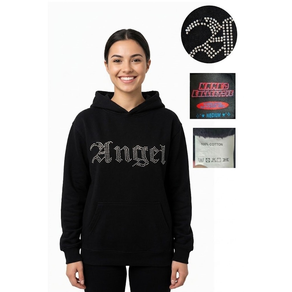 Named Collective Angel Rhinestone Hoodie Sweatshirt Black Size Medium Y2K Grunge